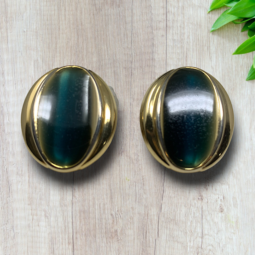 Vintage 1980s Gold & Green Acrylic Oval Button Earrings Leverback Couture Runway